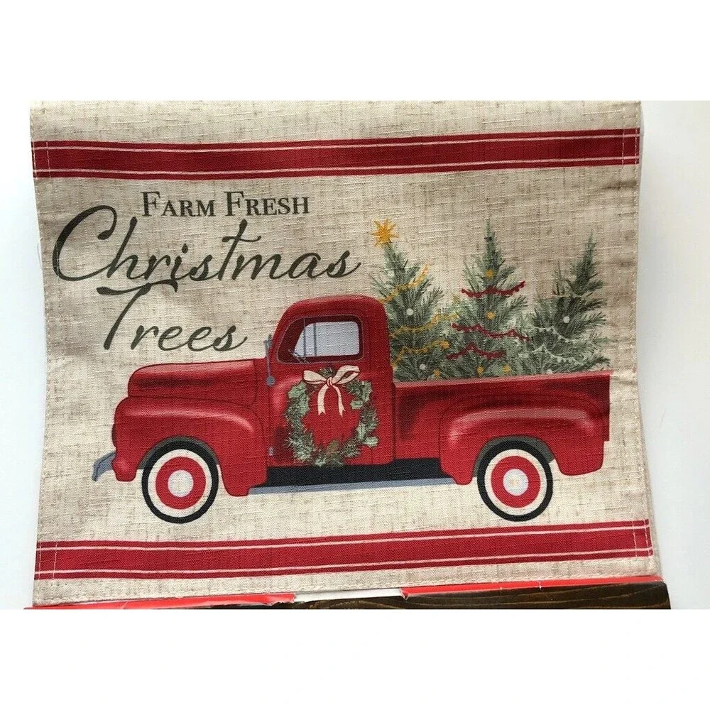 Christmas Trees Red Farm Truck Table Runner Wreath Cabin Lodge Farm Fresh 70x13